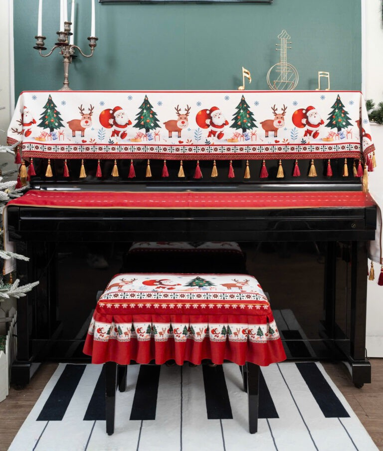 Elegant Holiday Piano Cover with White Tree & Reindeer Motif