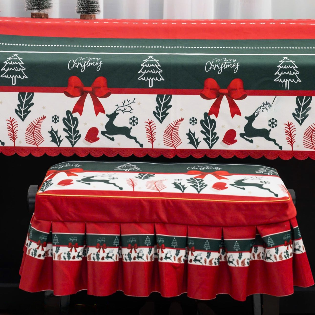 Christmas Velvet Piano Cover with White Tree & Reindeer Design
