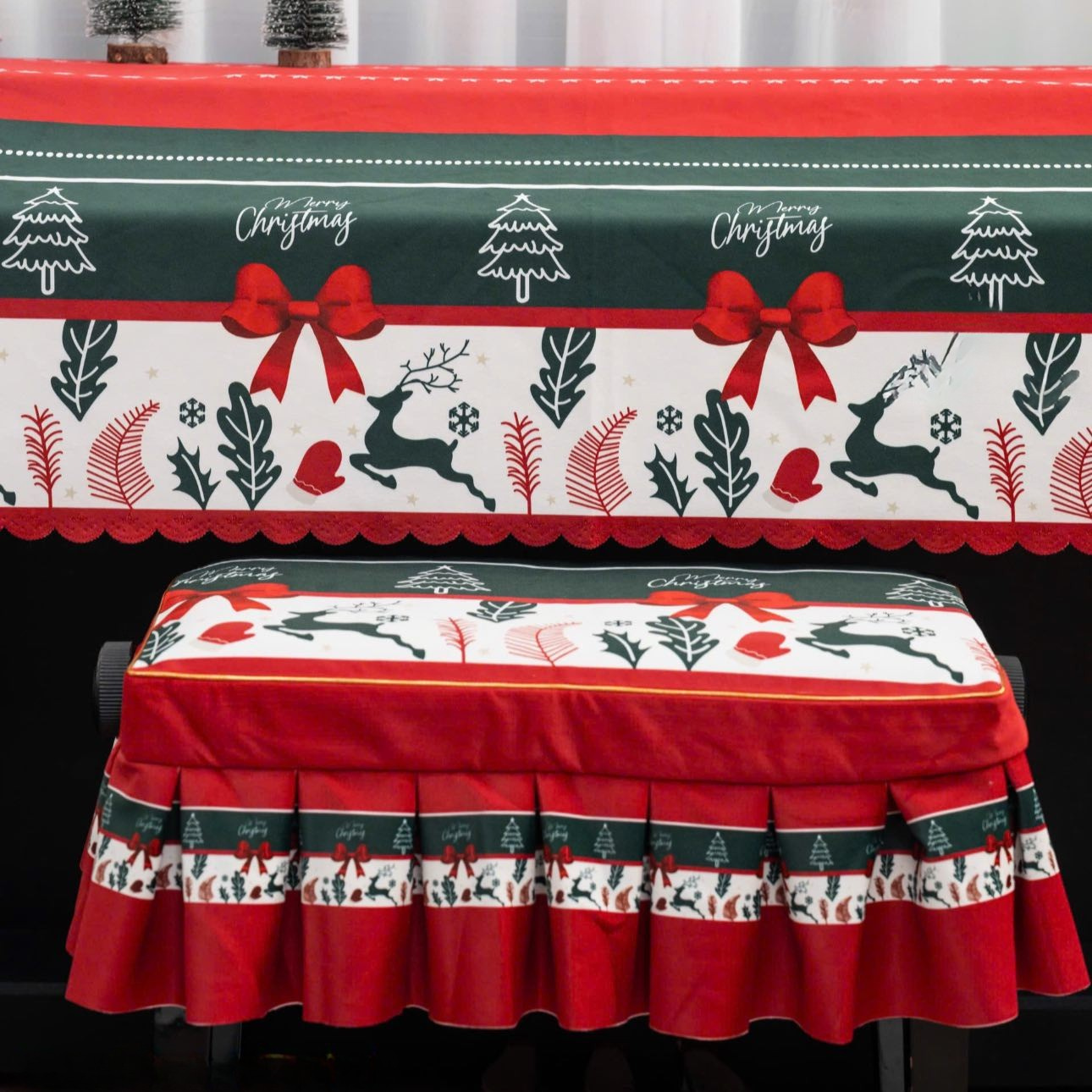 Christmas Velvet Piano Cover with White Tree & Reindeer Design
