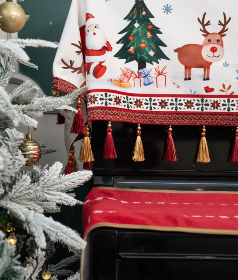 Elegant Holiday Piano Cover with White Tree & Reindeer Motif