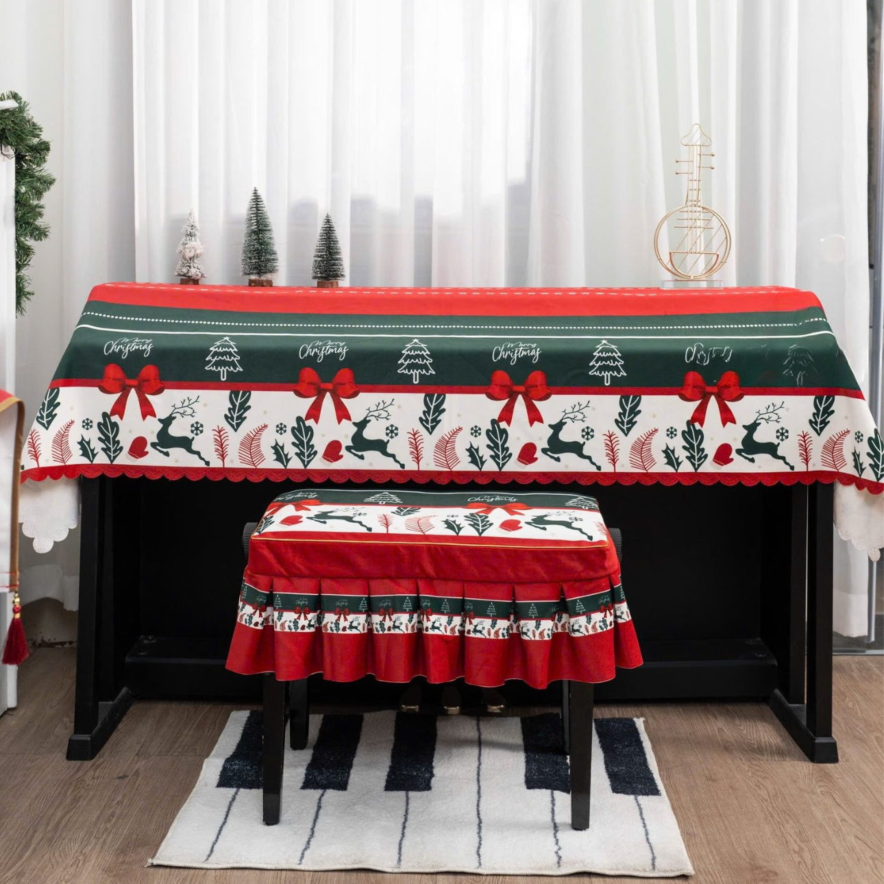 Christmas Velvet Piano Cover with White Tree & Reindeer Design