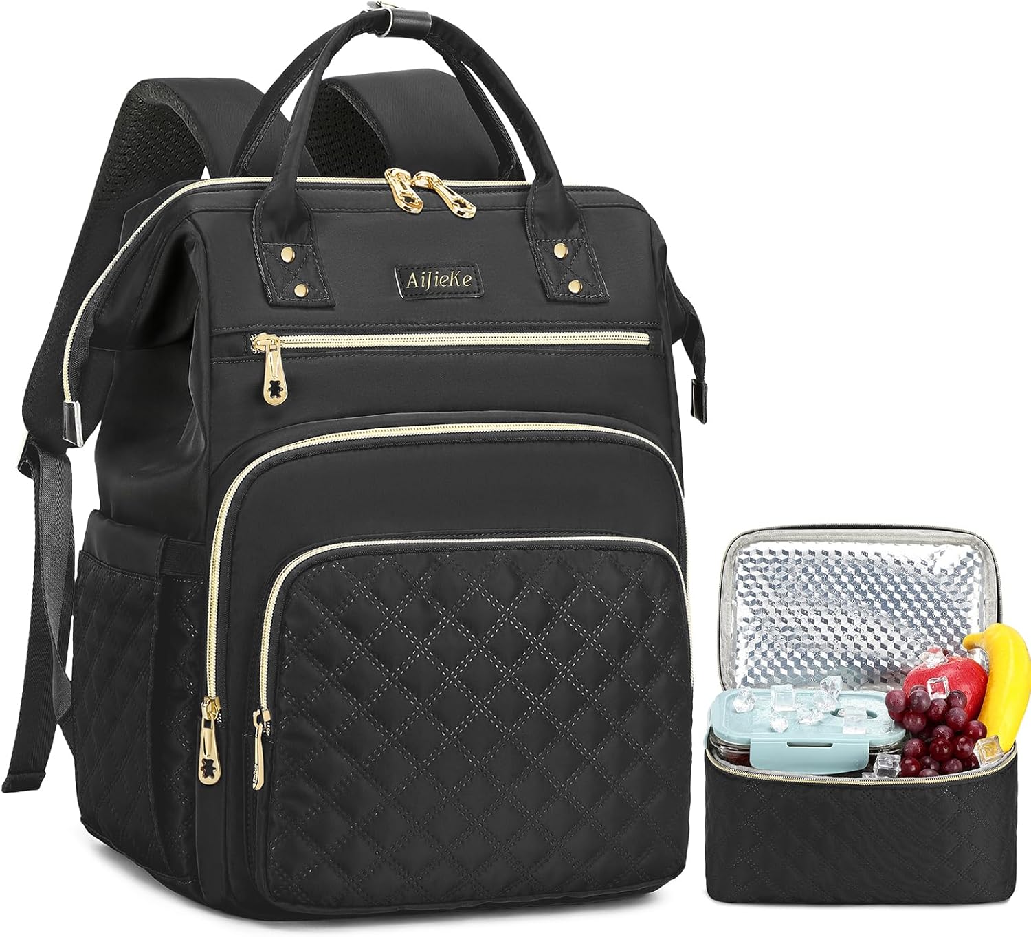 Lunch Backpack, 15.6 inch Laptop Backpack with Insulated Lunch Bag, Backpack Cooler for Women, Large Travel Backpack Lunch Box Compartment, Work Computer Backpack, Teacher College Book Bag, Black