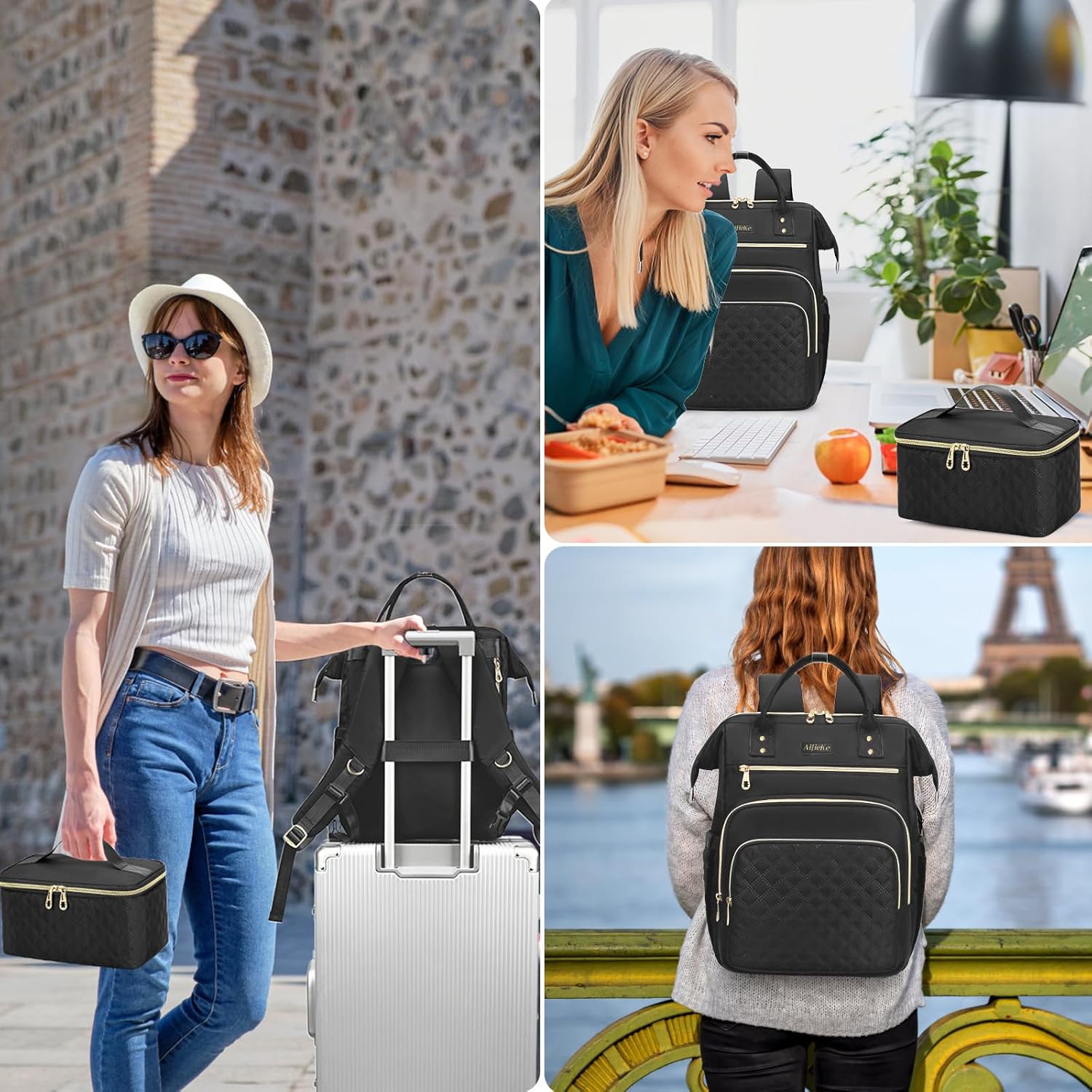 Lunch Backpack, 15.6 inch Laptop Backpack with Insulated Lunch Bag, Backpack Cooler for Women, Large Travel Backpack Lunch Box Compartment, Work Computer Backpack, Teacher College Book Bag, Black