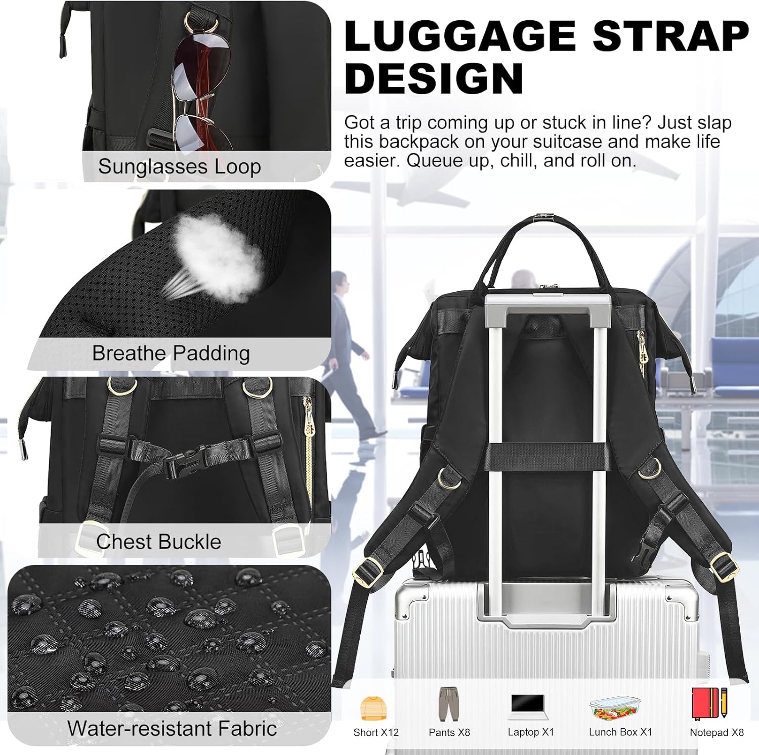 Lunch Backpack, 15.6 inch Laptop Backpack with Insulated Lunch Bag, Backpack Cooler for Women, Large Travel Backpack Lunch Box Compartment, Work Computer Backpack, Teacher College Book Bag, Black