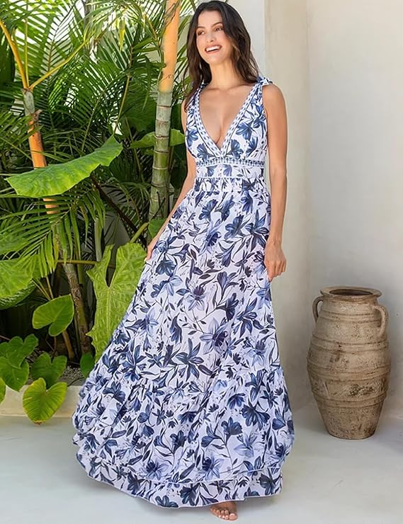 Blue & White V-Neck Lace-Up Tropical Print One-Piece Swimsuit with Skirt/Sarong