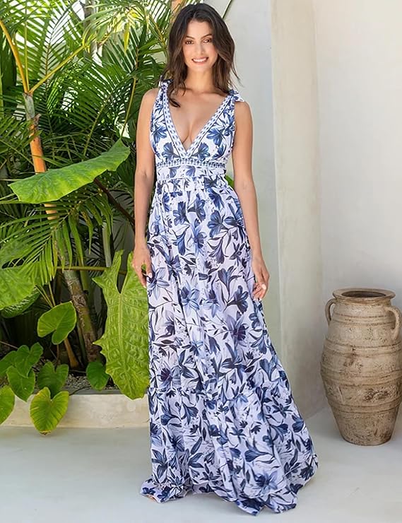 Blue & White V-Neck Lace-Up Tropical Print One-Piece Swimsuit with Skirt/Sarong