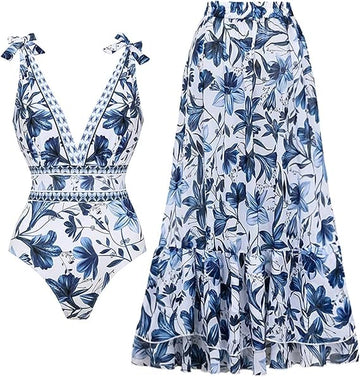 Blue & White V-Neck Lace-Up Tropical Print One-Piece Swimsuit with Skirt/Sarong