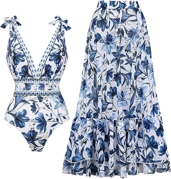 Blue & White V-Neck Lace-Up Tropical Print One-Piece Swimsuit with Skirt/Sarong