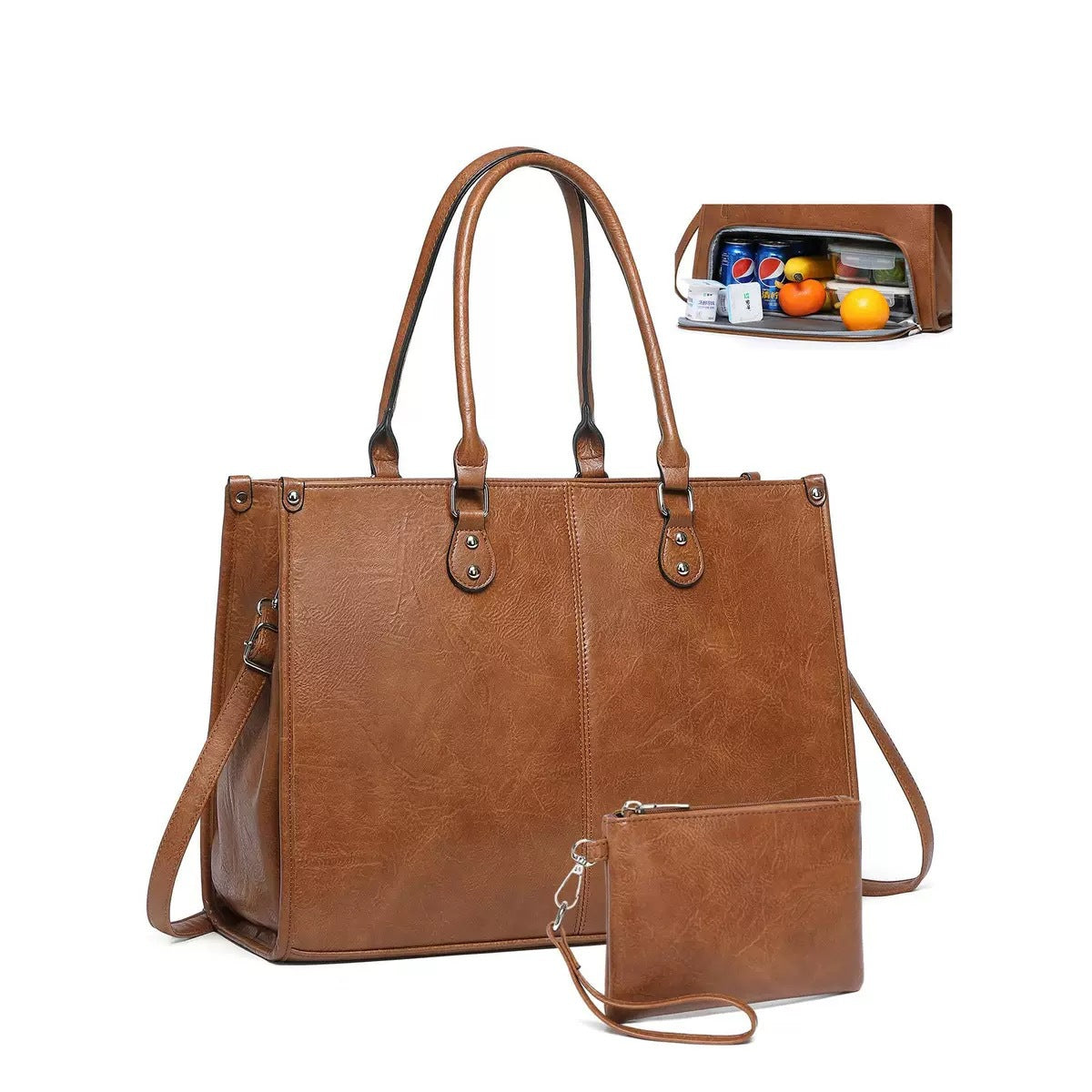 Laptop Tote Bag with Insulated Lunch Compartment for Women Work, PU Leather Lunch Bag with 15.6 Inch Computer Compartment