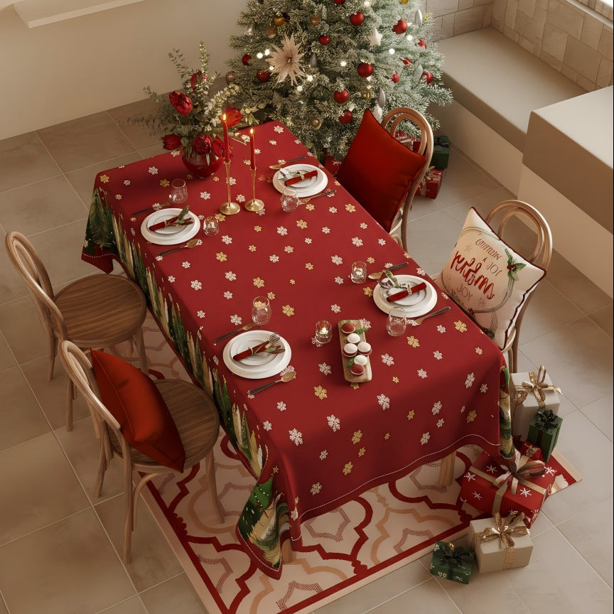 Waterproof Lightweight Christmas Tablecloth — Snowflake & Pine Tree Print, Elegant New Year Décor Fabric