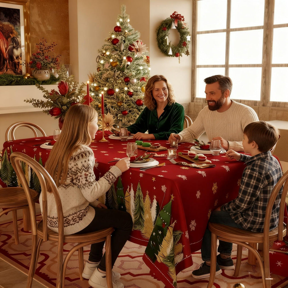 Waterproof Lightweight Christmas Tablecloth — Snowflake & Pine Tree Print, Elegant New Year Décor Fabric