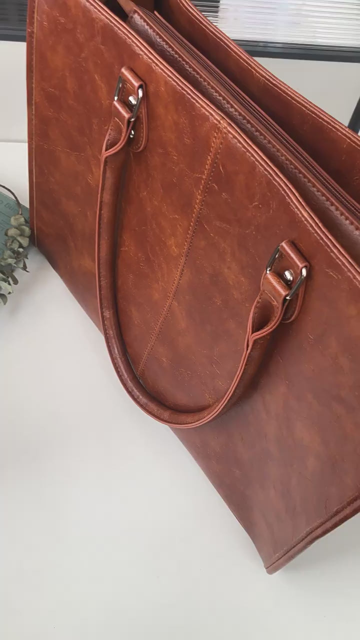 Laptop Tote Bag with Insulated Lunch Compartment for Women Work, PU Leather Lunch Bag with 15.6 Inch Computer Compartment